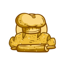 Logo of bakery. Loaf of bread. Kitchen utensils - Rolling pin. Preparation of the dough. Wooden stick and chef hat. Retro emblem. Cartoon illustration.