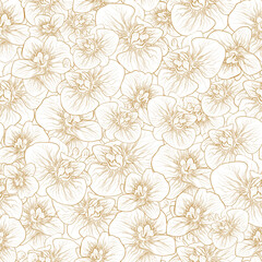 Fototapeta na wymiar Floral, seamless botanica pattern, orchid flower isolated on white background. modern wallpaper. hand-drawn illustration for textiles in a minimalist style. art drawing for print wrapping paper. 