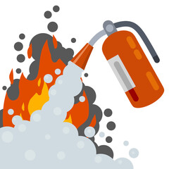 Extinguisher. Fireman tool. Red cylinder. Flat cartoon illustration. Smoke, flame and foam. Big fire