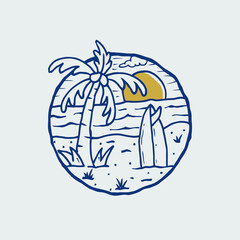 tropical island with coconut tree and surfboard