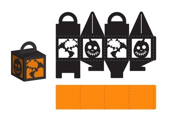 Happy Halloween treat box. Gift party favor box for sweets, candies, small presents, bakery. Simple packaging die cut template for laser cut, great design for any purposes, birthdays, baby showers.