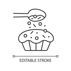 Sprinkle for baking linear icon. Pouring topping from spoon on cupcake. Dessert recipe. Thin line customizable illustration. Contour symbol. Vector isolated outline drawing. Editable stroke