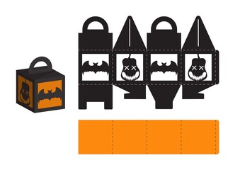Happy Halloween treat box. Gift party favor box for sweets, candies, small presents, bakery. Simple packaging die cut template for laser cut, great design for any purposes, birthdays, baby showers.