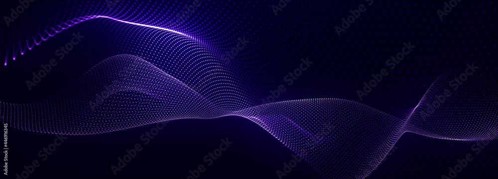 Wall mural abstract colorful digital particles wave with bokeh and light background, 3d render wave line dot ba