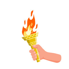 Hand holding torch. Symbol of Olympic Flame and sports. Education and lighting. Flat cartoon illustration