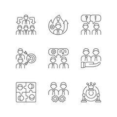 Team working linear icons set. Business cooperation. Collective communication. Coworkers interaction. Customizable thin line contour symbols. Isolated vector outline illustrations. Editable stroke