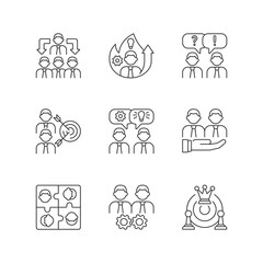 Fototapeta premium Team working linear icons set. Business cooperation. Collective communication. Coworkers interaction. Customizable thin line contour symbols. Isolated vector outline illustrations. Editable stroke