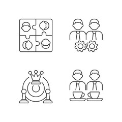 Office members interaction linear icons set. Approach goal together. Employees meeting and team building. Customizable thin line contour symbols. Isolated vector outline illustrations. Editable stroke