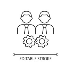 Collaboration linear icon. Two men and gears. Achieve goal together. Group members interacting. Thin line customizable illustration. Contour symbol. Vector isolated outline drawing. Editable stroke