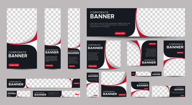 Black and red Banner templates set with standard size for web. Business banner with place for photos for Social Media, Cover ads banner, flyer, invitation card. Vector EPS 10
