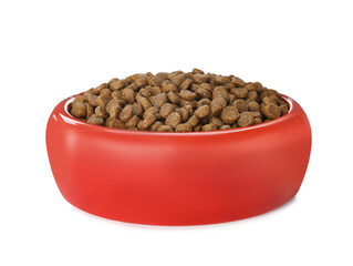 Dry food in red pet bowl isolated on white