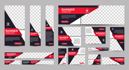 Black and red Banner templates set with standard size for web. Business banner with place for photos for Social Media, Cover ads banner, flyer, invitation card. Vector EPS 10