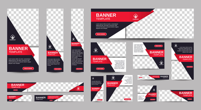 Black And Red Banner Templates Set With Standard Size For Web. Business Banner With Place For Photos For Social Media, Cover Ads Banner, Flyer, Invitation Card. Vector EPS 10