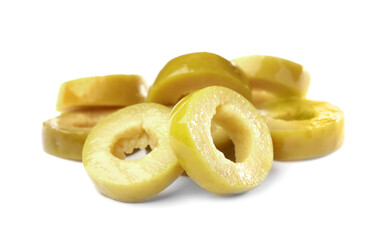 Cut fresh green olives on white background