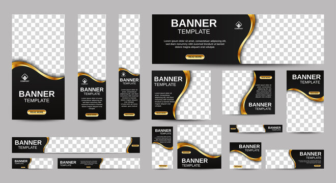 Black and gold Banner templates set with standard size for web. Business banner with place for photos for Social Media, Cover ads banner, flyer, invitation card. Vector EPS 10