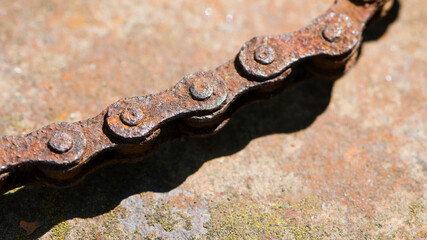Rusty bicycle chain. Old bicycle chain with rust. bicycle parts unusable. Close-up. chain macro...