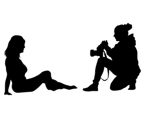 Young woman holds a smartphone in her hand. Isolated silhouettes of people on a white background