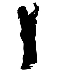 Young woman holds a smartphone in her hand. Isolated silhouettes of people on a white background