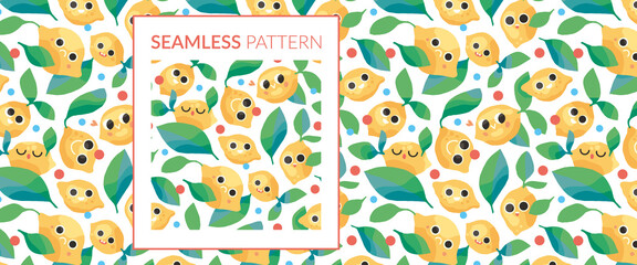 Citron agrume motif répétitif seamless feuille sourire mignon rigolo vectoriel illustration vecteur yeux fruits jaune joyeux pois