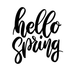 Hello spring. Lettering phrase on white background. Design element for greeting card, t shirt, poster. Vector illustration