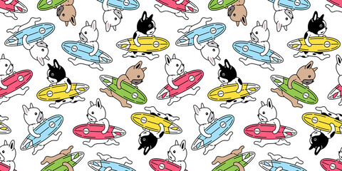 Fototapeta premium dog seamless pattern french bulldog surfboard vector beach ocean summer cartoon doodle scarf isolated repeat wallpaper tile background illustration design