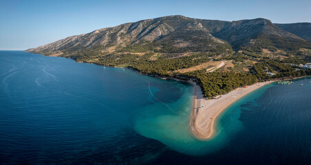 Panoramic view of famous beach Zlatni rat at Bol on island Brac, Croatia