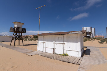 the wooden hut of the beach lifeguards. Punta Umbria, Huelva, Spain