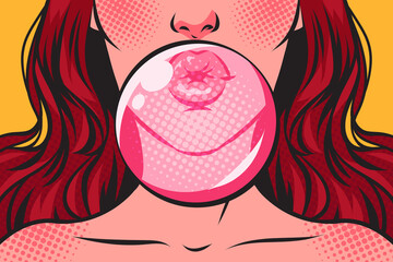 Nahaufnahme der Gesichtslippen einer Frau, die Blase mit einem rosa Kaugummi bläst. Pop-Art-Comic-Vektor-Illustration.