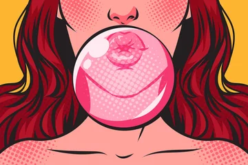 Acrylic prints Pop Art Close-up of a woman's face lips blowing bubble with a pink bubble gum. Pop art comic vector illustration.