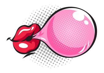 Lips blowing pink bubble gum. Vector pop art illustration isolated on a white background.
