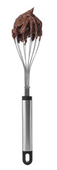 Balloon whisk with chocolate cream isolated on white