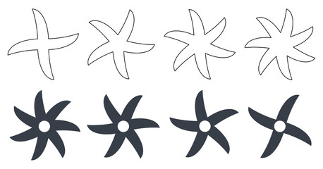 Simple ninja stars or sharp mixing rotating blades, filled and outline version with five to seven points