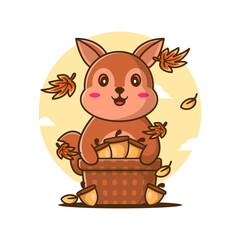 Cute Cartoon Vector Illustrations Squirrel with Peanut Basket in Autumn. Autumn Day Icon Concept