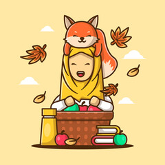Cute Cartoon Vector Illustrations Women with Fox and Apple Basket in Autumn. Autumn Day Icon Concept