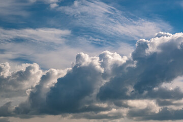 Fototapeta na wymiar Blue sky background with big white tiny stratus cirrus striped clouds