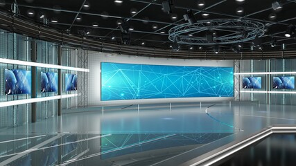 Virtual TV Studio News Set. Green screen background. 3d Rendering.
