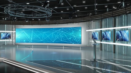 Virtual TV Studio News Set. Green screen background. 3d Rendering.