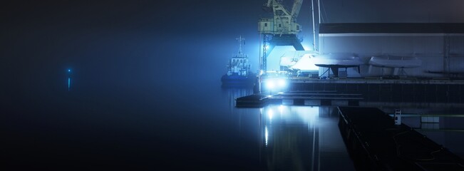 A fishing boat moored to a pier in a fog at night. Port cranes in the background. Yacht club...