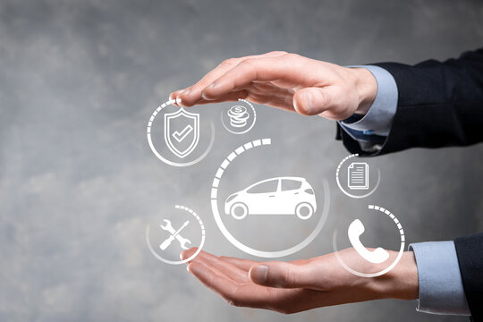 Digital composite of Man holding car icon.Car automobile insurance and car services concept. Businessman with offering gesture and icon of car