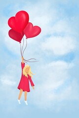 Little girl is flying on balloons. Valentine's day Illustrations. Suitable for banner, greeting card, postcard, invitation on event.