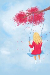 Little girl is riding a swing on a tree. Valentine's day Illustrations. Suitable for banner, greeting card, postcard, invitation on event.