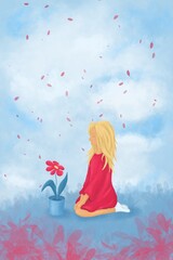 Obraz na płótnie Canvas Little girl is sitting near a flowerpot. Valentine's day Illustrations. Suitable for banner, greeting card, postcard, invitation on event.