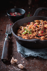 Homemade stewed cabbage and meat with beef and sauerkraut