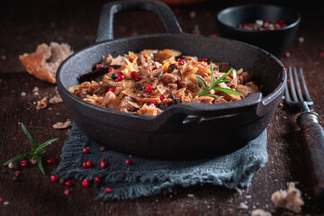Tasty cabbage and meat stew with beef and sauerkraut
