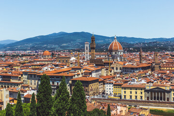 Amazing view of Florence city from the hill, Italy. Beautiful sunny day.