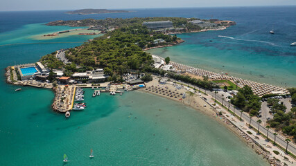 Aerial drone photo of famous celebrity sandy beach of Astir or Asteras in south Athens riviera with...