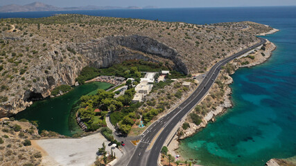 Aerial drone, photo from volcanic lake Vouliagmeni meaning 