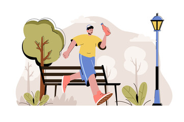 Running concept. Man running in park, sport activity situation. Outdoor cardio workout, marathon preparation people scene. Vector illustration with flat character design for website and mobile site