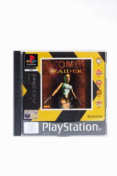 The original Tomb Raider Playstation One game from 1996 an action-adventure video game developed by Core Design featuring the Lara Croft
