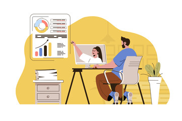 Video conference concept. Man discussing report with colleague via video chat situation. Remote work online people scene. Vector illustration with flat character design for website and mobile site